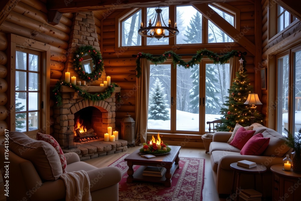 Fototapeta premium Rustic wooden living room with candles, garlands, and pine wreath, soft warm glow from fireplace, snow visible through window.