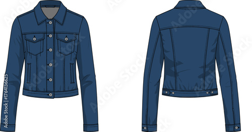 Blue denim jacket, button-up front, chest pockets, long sleeves, front and back view, garment sketch, fashion design, technical illustration
