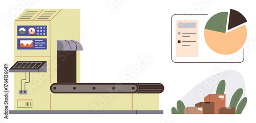 Conveyor machine processing packages with analytics dashboard and chart. Ideal for automation, production, logistics, efficiency, analytics, technology, and industrial workflow themes in a simple