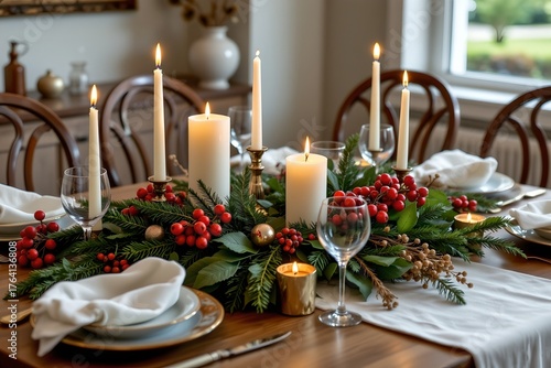 Holiday table centerpiece featuring candles, berries, and pine needles, with elegant dishes in warm cinematic tones.