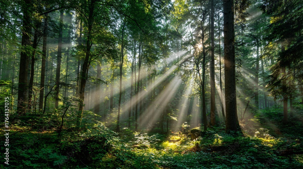 Fototapeta premium Sunbeams piercing through a lush green forest canopy illuminating dense undergrowth and ancient trees