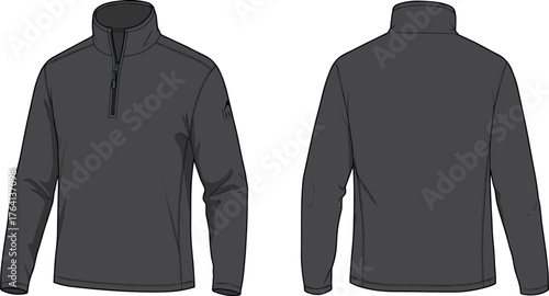 Dark gray pullover, long sleeve jacket, quarter zip fleece, high collar design, front and back view, technical garment illustration