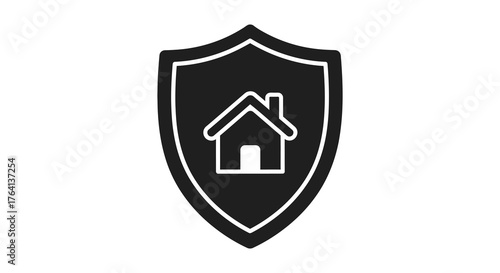 Black shield silhouette with a white outline of a house inside representing home security and protection concept silhouette