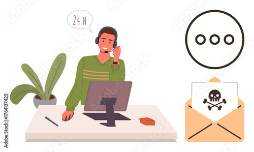 Man with headset at desk addressing cybersecurity threat shown as envelope with skull. Ideal for tech support, cybersecurity, IT services, online safety, helpline, customer service, simple flat