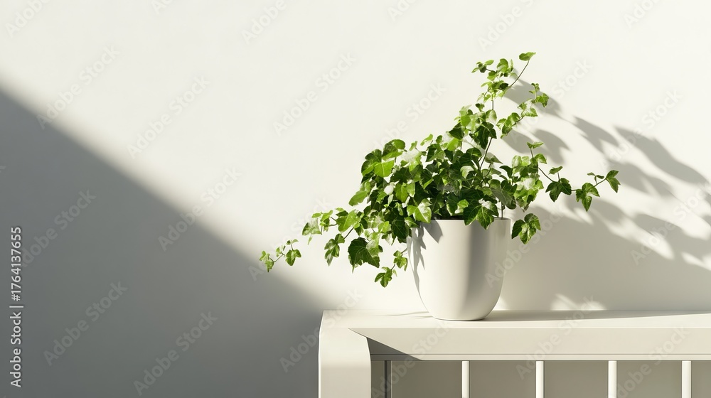Obraz premium 70.A modern minimalist balcony scene featuring a stylish pot of English ivy, its delicate green leaves contrasting against a clean white railing, bathed in soft natural light.