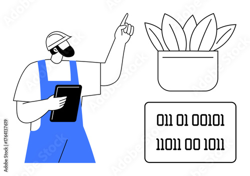 Worker in overalls holding tablet, pointing at plant with binary data display. Ideal for technology, farming, innovation, analytics, efficiency, smart systems environment. Simple flat metaphor