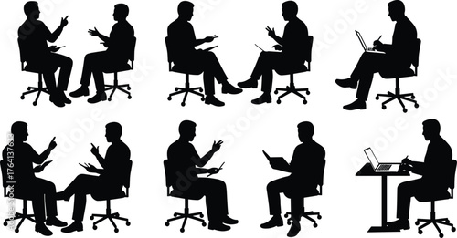 Office silhouettes seated, business teamwork, laptop work, professional discussion, productivity concept, black figures, formal attire, communication, meeting illustration, workplace activity