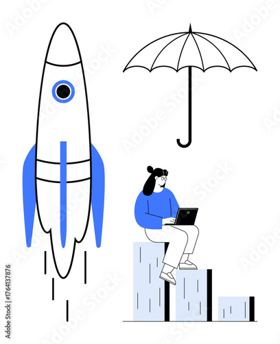 Rocket launching, woman with laptop on bar chart, umbrella overhead. Ideal for innovation, success, startup, strategy, protection growth entrepreneurship. Simplistic flat metaphor
