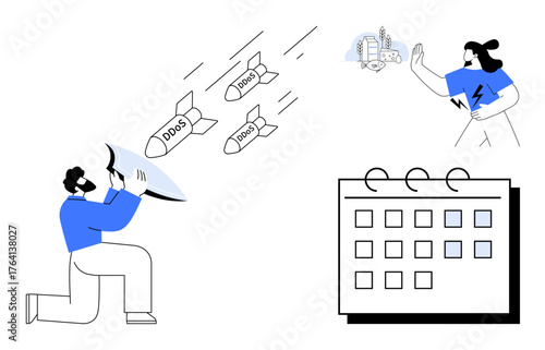 Person shields against incoming DDoS attacks, woman protects infrastructure, and calendar emphasizes action planning. Ideal for cybersecurity, risk management, IT training, online security, network