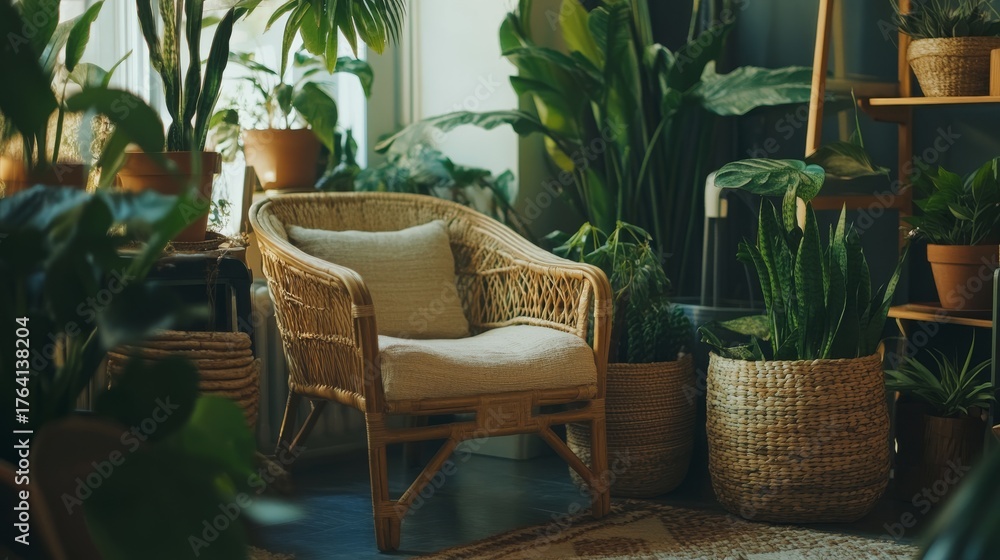 Fototapeta premium 63.A stylish and modern living space with a bright botanical theme, where a cozy wooden chair is placed among various potted plants in woven baskets, enhancing the organic ambiance.