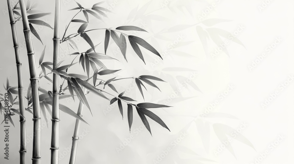 Naklejka premium 79.A stylized hand-drawn bamboo illustration with intricate shading and delicate leaf details, capturing the elegance of Asian botanical art.