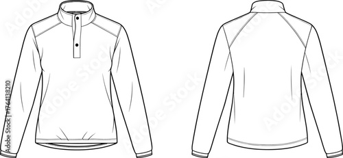 Pullover technical sketch, long sleeve, front and back view, raglan sleeve, high collar, button placket, curved hem, fashion illustration