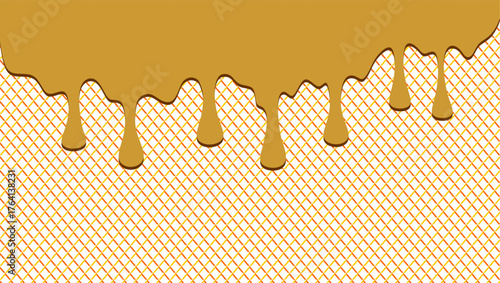 Chocolate drip on transparent pattern background. Dripping chocolate  illustration. Ice cream drip on waffle background. Hand-drawn chocolate drip on waffle background. 