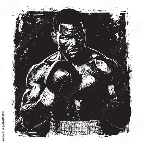 focused boxer in a fighting stance, highlighting power, discipline, and vintage athleticism sketch engraving generative ai fictional character raster illustration