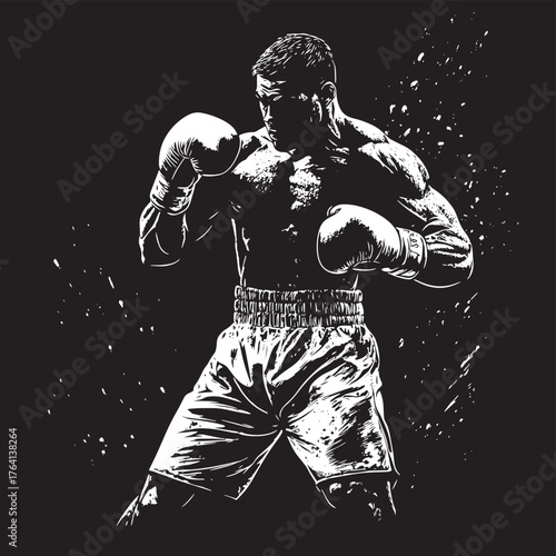 focused boxer in a fighting stance, highlighting power, discipline, and vintage athleticism sketch engraving generative ai fictional character raster illustration