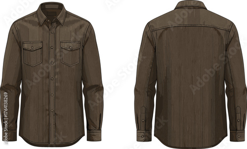 Brown button-up shirt, long sleeve, front and back view, wood grain texture, chest pockets, collar, cuff, yoke, fashion illustration