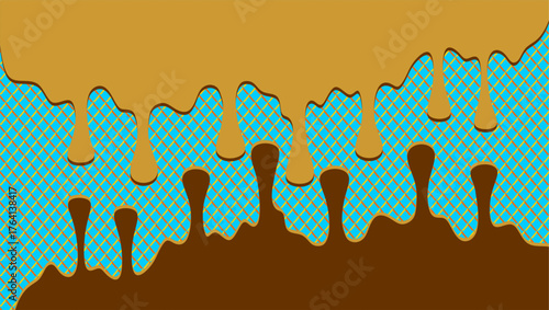 Chocolate drip on transparent pattern background. Dripping chocolate  illustration. Ice cream drip on waffle background. Hand-drawn chocolate drip on waffle background. 