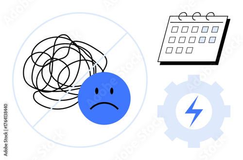 Sad face and tangled line crossed, symbolizing avoided confusion, next to planner and gear icon. Ideal for productivity, time management, emotional health, problem-solving, focus, goal setting