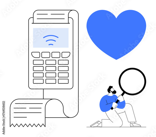 POS terminal printing receipt, blue heart icon, individual examining with magnifier. Ideal for payment security, e-commerce, customer loyalty, contactless transactions, analytics, financial tools