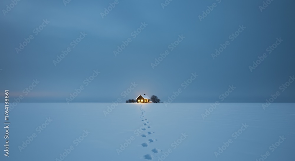 Fototapeta premium Footprints in the deep snow lead to a cabin glowing with warm light against cool,muted tones of approaching winter night.Christmas and new year mood,copy space.