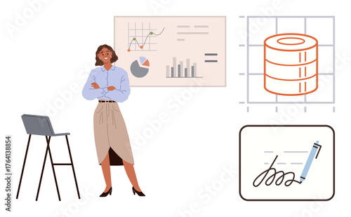 Businesswoman standing beside data charts and visualizations, database icon, and a signed contract. Ideal for analysis, data management, reporting, agreement, presentation, leadership