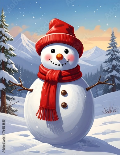 Cheerful snowman in red hat and scarf in snowy winter landscape