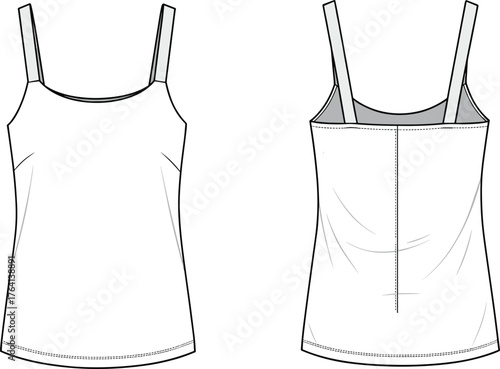 Women's camisole top, fashion flat sketch, front and back view, technical illustration, garment design, apparel template, clothing blueprint, vector