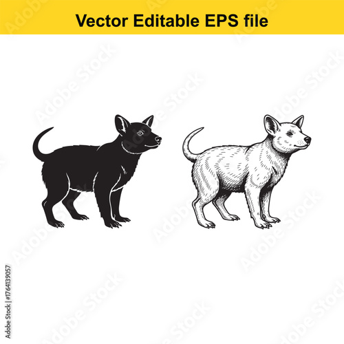 Vector art of two dogs, one black silhouette and one detailed drawing
