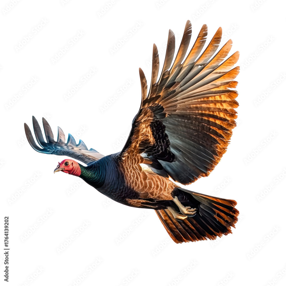 Fototapeta premium A turkey vulture in flight with its wings spread wide.