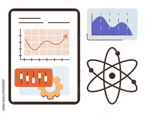 Charts with upward trends, control sliders, gear for tools, waveform graph, and atom sketch. Ideal for data science, research, analysis innovation education technology physics. Simple flat
