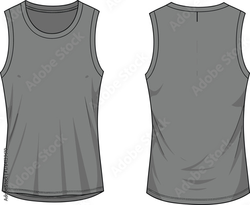 Technical sketch, tank top, sleeveless design, round neckline, straight hem, front and back view, fashion template, garment illustration, apparel drawing