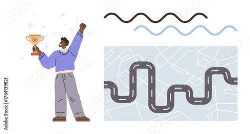 Person holding a trophy celebrating achievement near a winding road on a map. Ideal for success, achievement, perseverance, motivation, personal growth, goal-reaching, progress journey. Simple flat