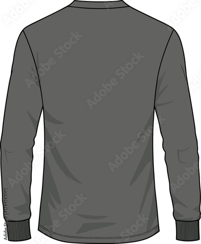 Back view, long sleeve shirt, dark gray, plain design, soft fabric, round neck, ribbed cuffs, casual wear, apparel mockup, fashion illustration