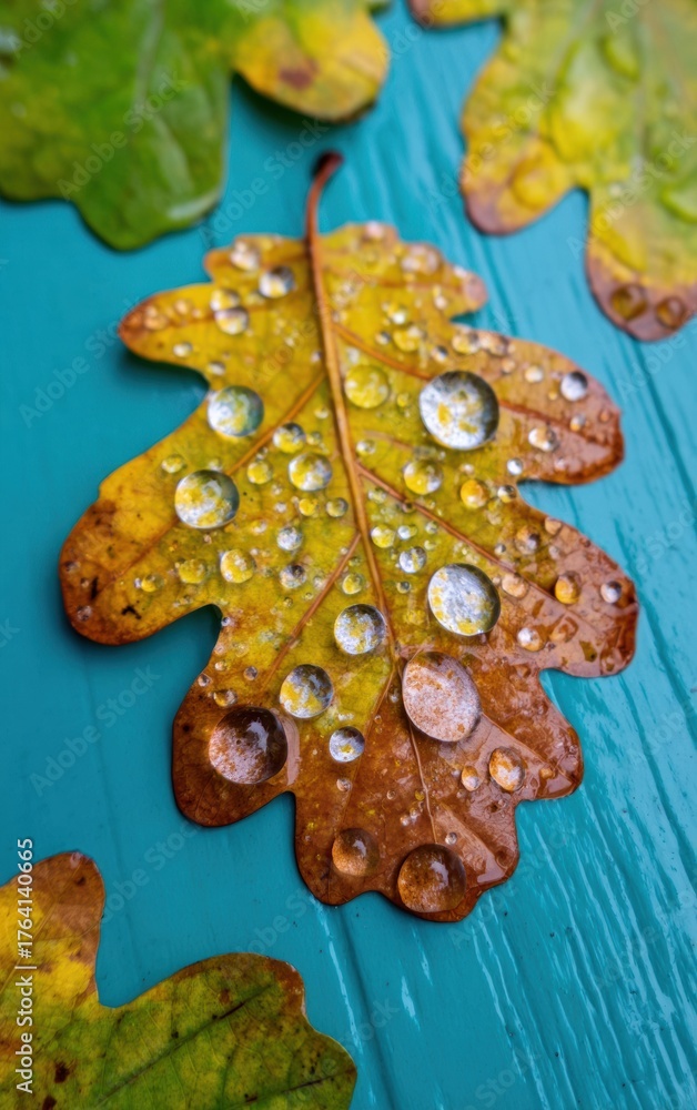 Fototapeta premium Premium Autumn Macro of Oak Leaf with Raindrops on Teal Background Authentic Seasonal Content for Nature and Lifestyle Marketing Campaigns