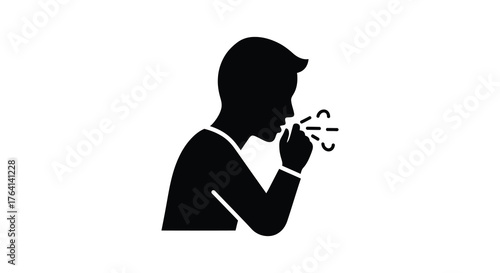 A black silhouette of a person coughing or sneezing with droplets emanating from their mouth and nose silhouette