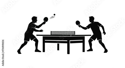Two athletic men engaged in a competitive game of table tennis or ping pong in a dynamic silhouette illustration