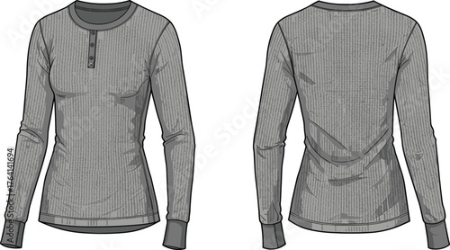 Women's long sleeve henley shirt, front and back view, ribbed texture, button placket, fitted silhouette, fashion sketch, garment illustration