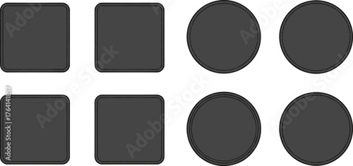 Geometric shapes set, square and circle icons, minimal design elements, abstract layout, vector illustration, symmetry concept, educational graphic, isolated