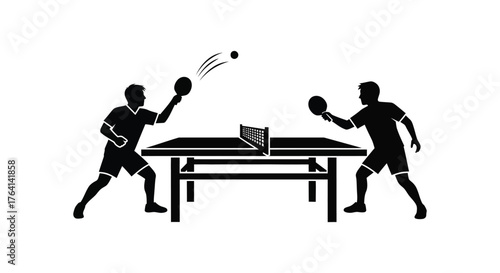 Two silhouetted figures playing table tennis with a ball in mid air over the net silhouette
