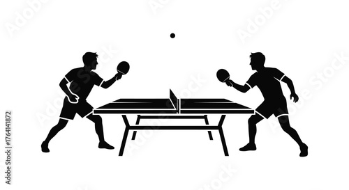 Two athletes in silhouette playing table tennis with a ball in the air and paddles ready silhouette