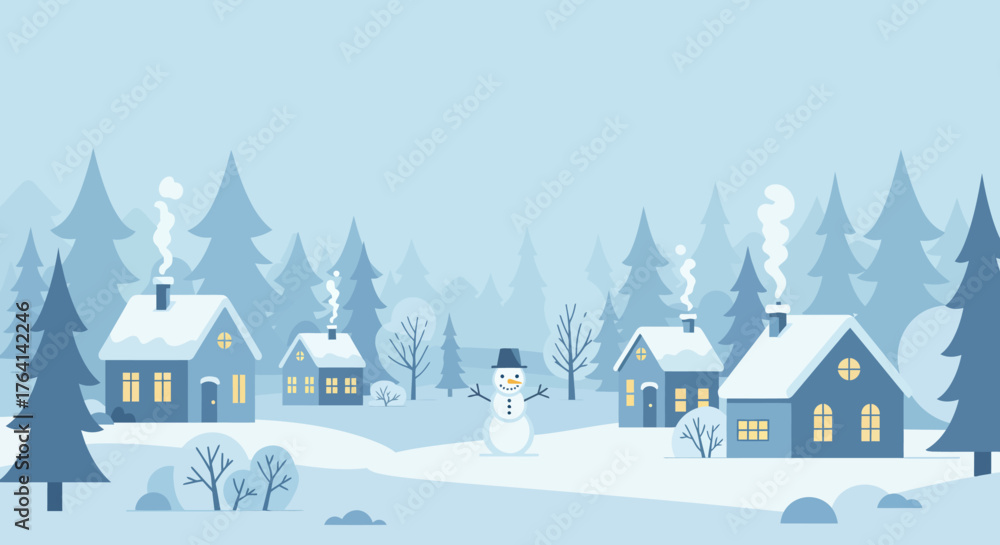 Fototapeta premium Escape to a peaceful winter village where cozy homes nestle among snow-covered trees and a cheerful snowman spreads holiday cheer. Ideal for seasonal designs & greetings.