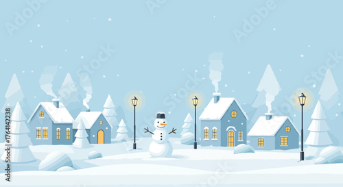 A serene winter village with softly lit homes and a friendly snowman evokes a feeling of holiday warmth and cheer. Ideal for festive greetings and seasonal projects.