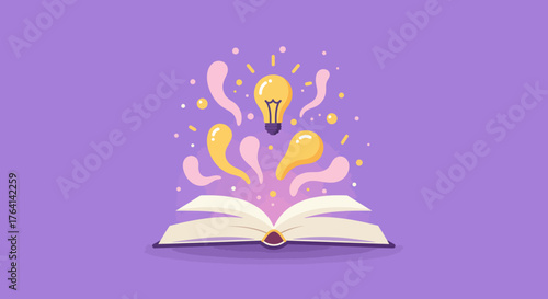 Open a world of ideas with a book, where lightbulb moments and inspiration bloom, illuminating creativity and knowledge for a brighter tomorrow on a purple backdrop.