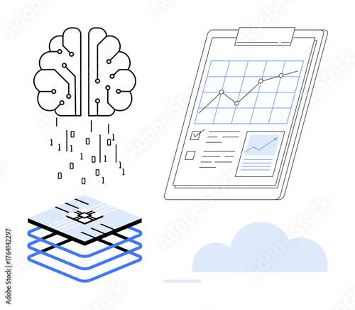 Brain with binary code, stacked data layers, and analytics clipboard chart. Ideal for AI, machine learning, data science, innovation, analytics cloud computing and technology themes. A simple flat