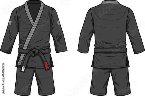 Brazilian jiu-jitsu gi, black uniform, grey lapel, black belt, rank stripes, martial arts gear, front back view, technical sketch