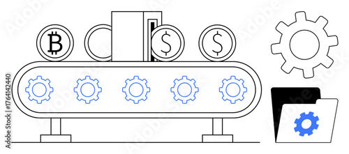 Conveyor belt processing bitcoin and dollar coins surrounded by gears, folder, and automation visuals. Ideal for fintech, cryptocurrency, automation, economy, finance technology analysis. Modern