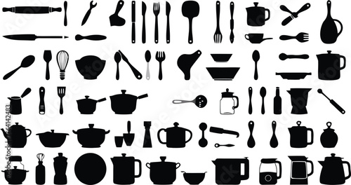 Black vector silhouette set of kitchen utensils with icons like a pot, pan, knife, fork, and spoon for food and cooking illustration