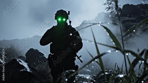 army night goggles | A silhouetted soldier with glowing green night vision eyes navigates through a misty terrain, surrounded by dark rocks and wet vegetation under low light