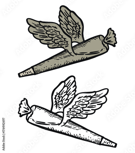 Two cartoon cannabis joints with wings in different styles flying marijuana cigarette stylized smoking product flat design and outline version
