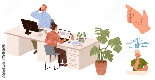 Two professionals at desks using laptops, books, and plants nearby, with creative concepts and brainstorming visuals. Ideal for teamwork, innovation, collaboration, productivity, creativity